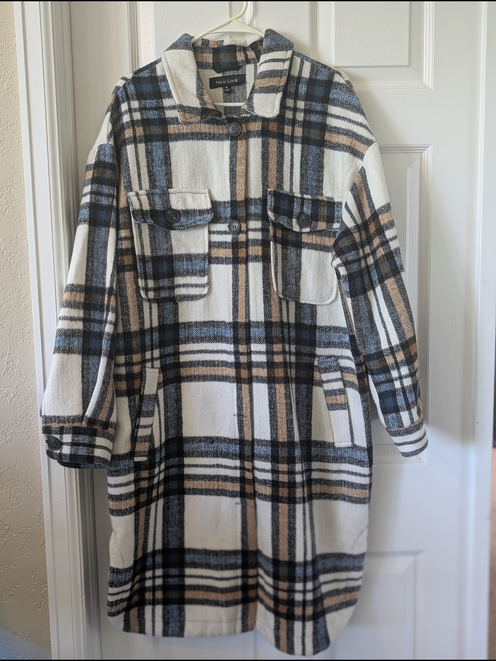 New Look Plaid Longline Shacket Coat XL Cream Blue Tan